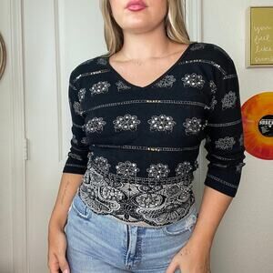 Vintage Y2K 200os Bila Black 1/2 Sleeve Floral Embellished Baby T Sz L